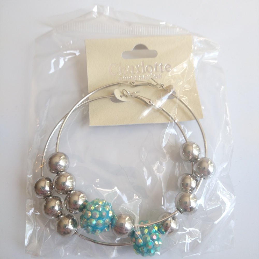 Silver and Blue Beaded Hoop Earrings